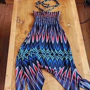 Smocked Beaded Halter Dress with Sharkbite Hem